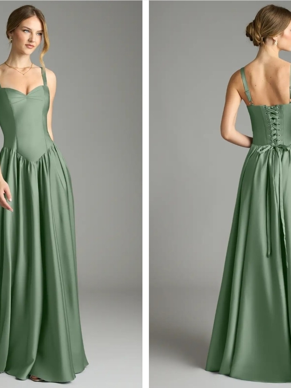 Matcha Green Satin Corset-Back Evening Dress